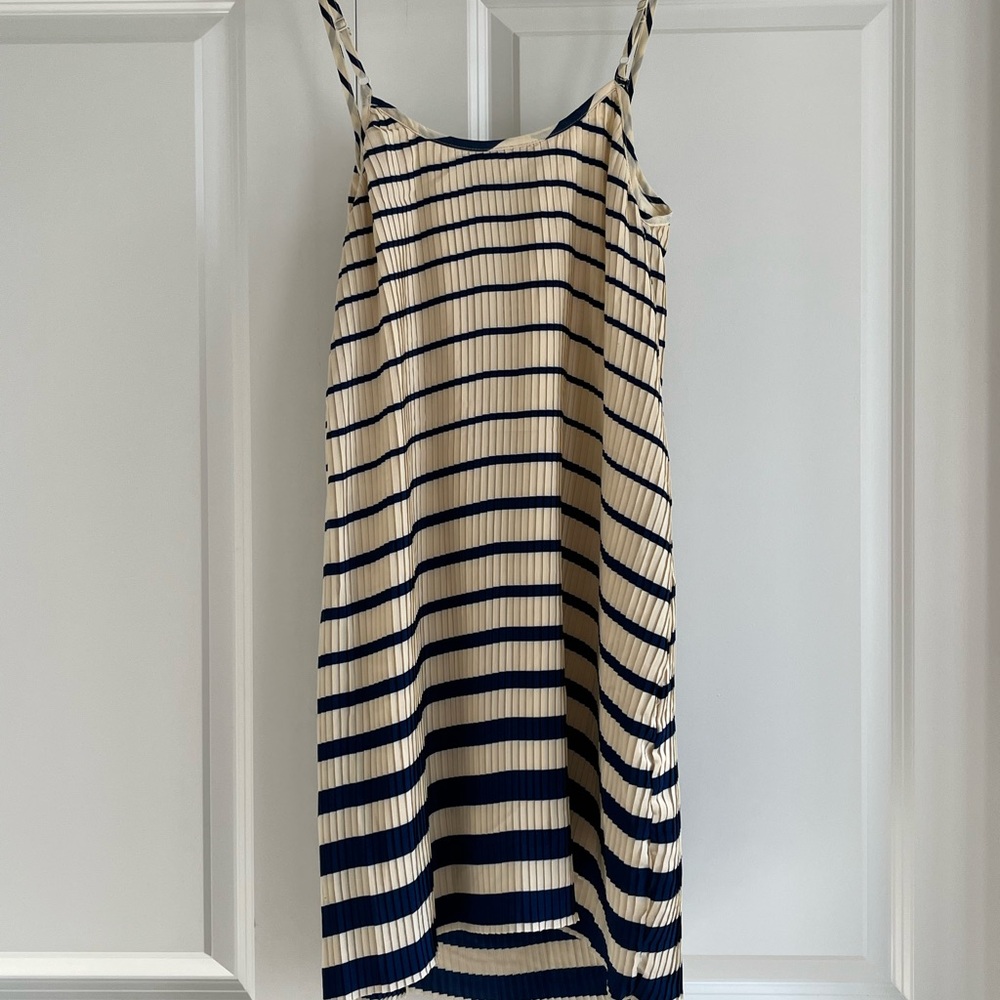Mango Blue and Cream Pleated Slip Dress Spaghetti Strap Mini - Picture 7 of 11